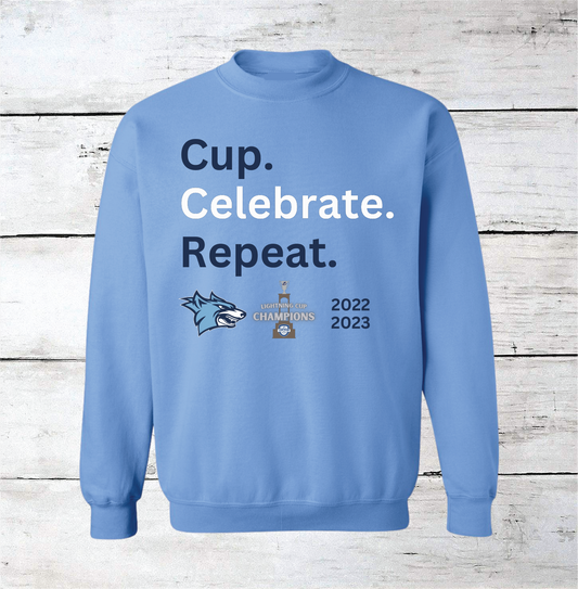 Cup. Celebrate. Repeat. Lightning Cup Champions Newsome Ice Hockey Crewneck Sweatshirt